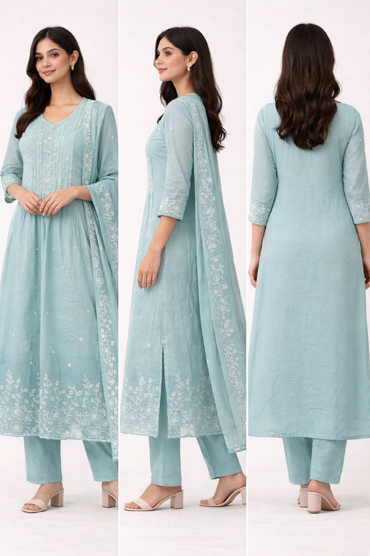 Sage Bloom Anarkali Kurta Set with Chikankari Embroidery & Dupatta