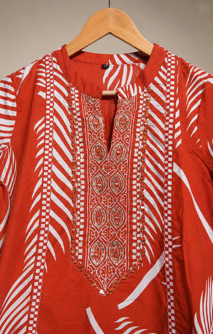 Rust Red Tropical Leaf Print Anarkali Kurta Set with Gold Zari Embroidery