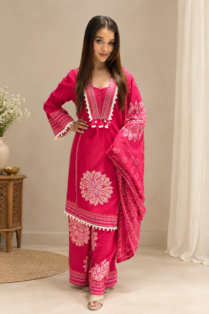 Close-up of floral motif and border on fuchsia kurta