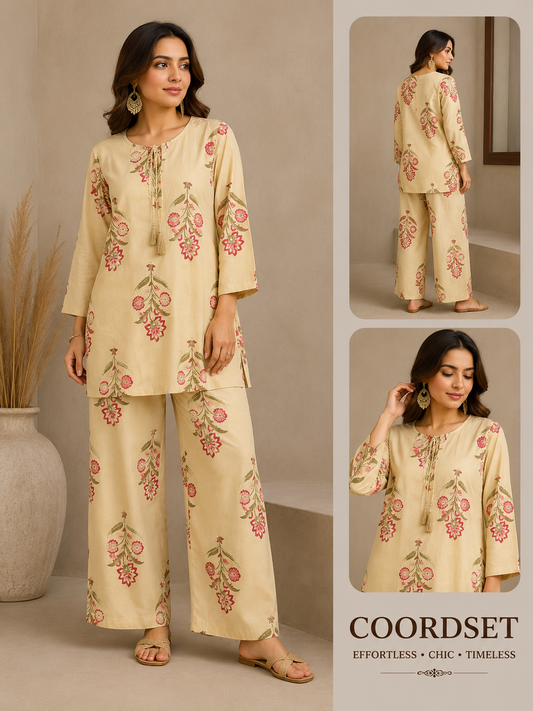 Cream Floral Print Cotton Coord Set