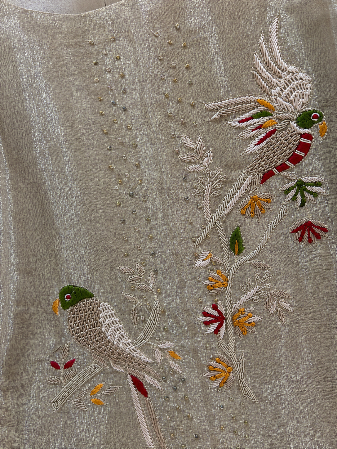 Ivory gold ombre tissue kurta set with parrot embroidery, palazzo and dupatta