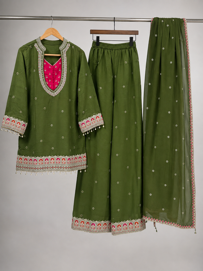 Olive Green Embroidered Georgette Kurta Set | Contrast Rani Pink Yoke | Palazzo & Dupatta
