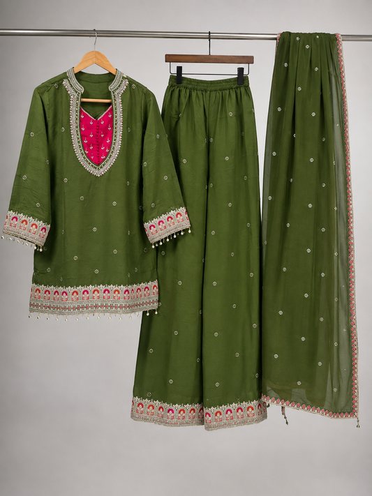 Olive Green Embroidered Georgette Kurta Set | Contrast Rani Pink Yoke | Palazzo & Dupatta