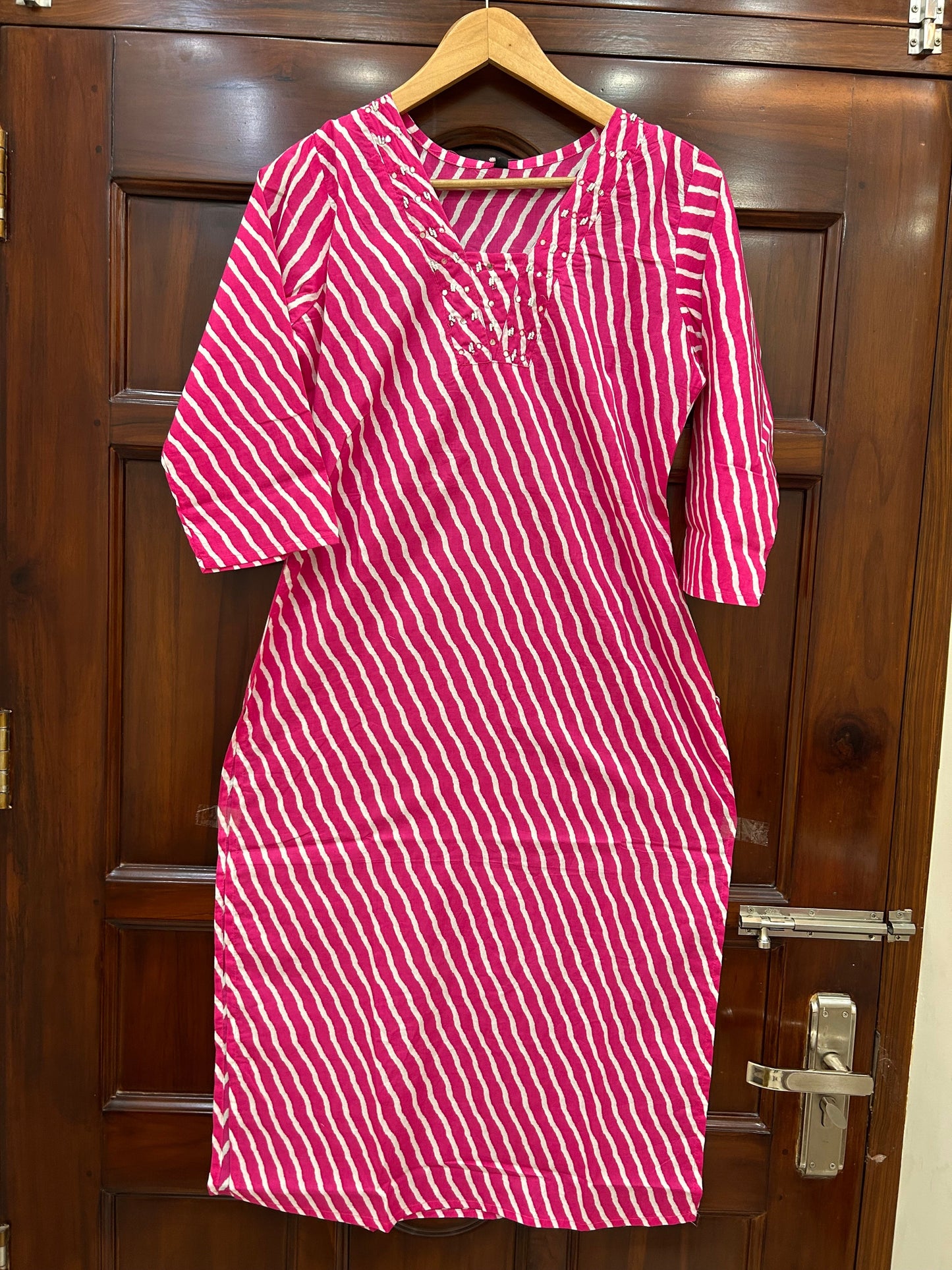 Rani Pink Leheriya Kurti with Mirror & Bead Embellished Yoke