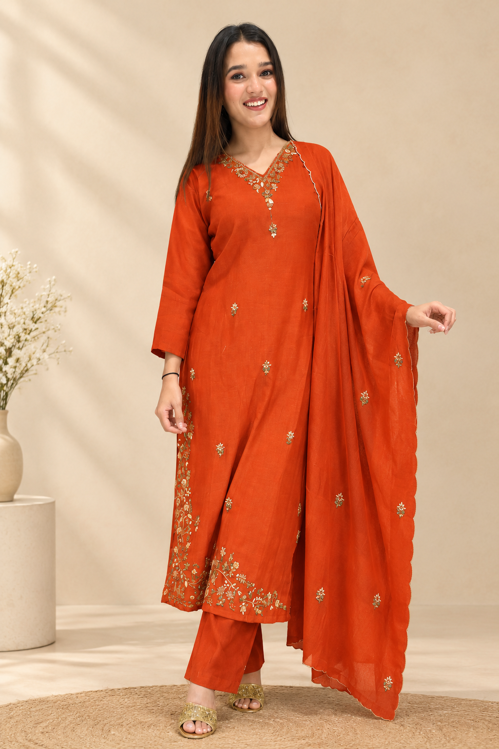 Rust Orange Muslin Kurta, Pant & Dupatta Set with Embroidery