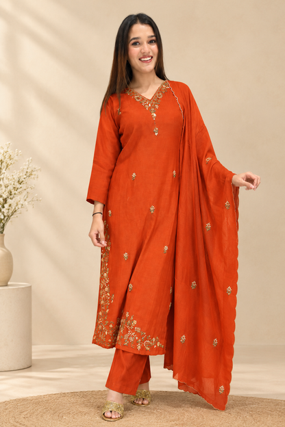 Rust Orange Muslin Kurta, Pant & Dupatta Set with Embroidery