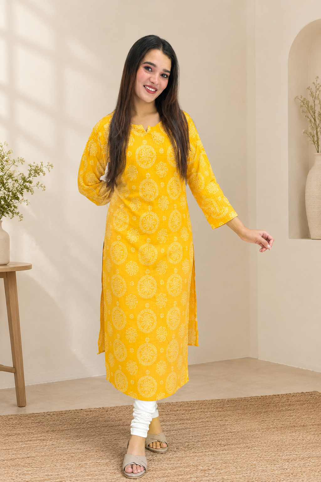 Yellow bandhani print cotton kurti close-up neckline detail