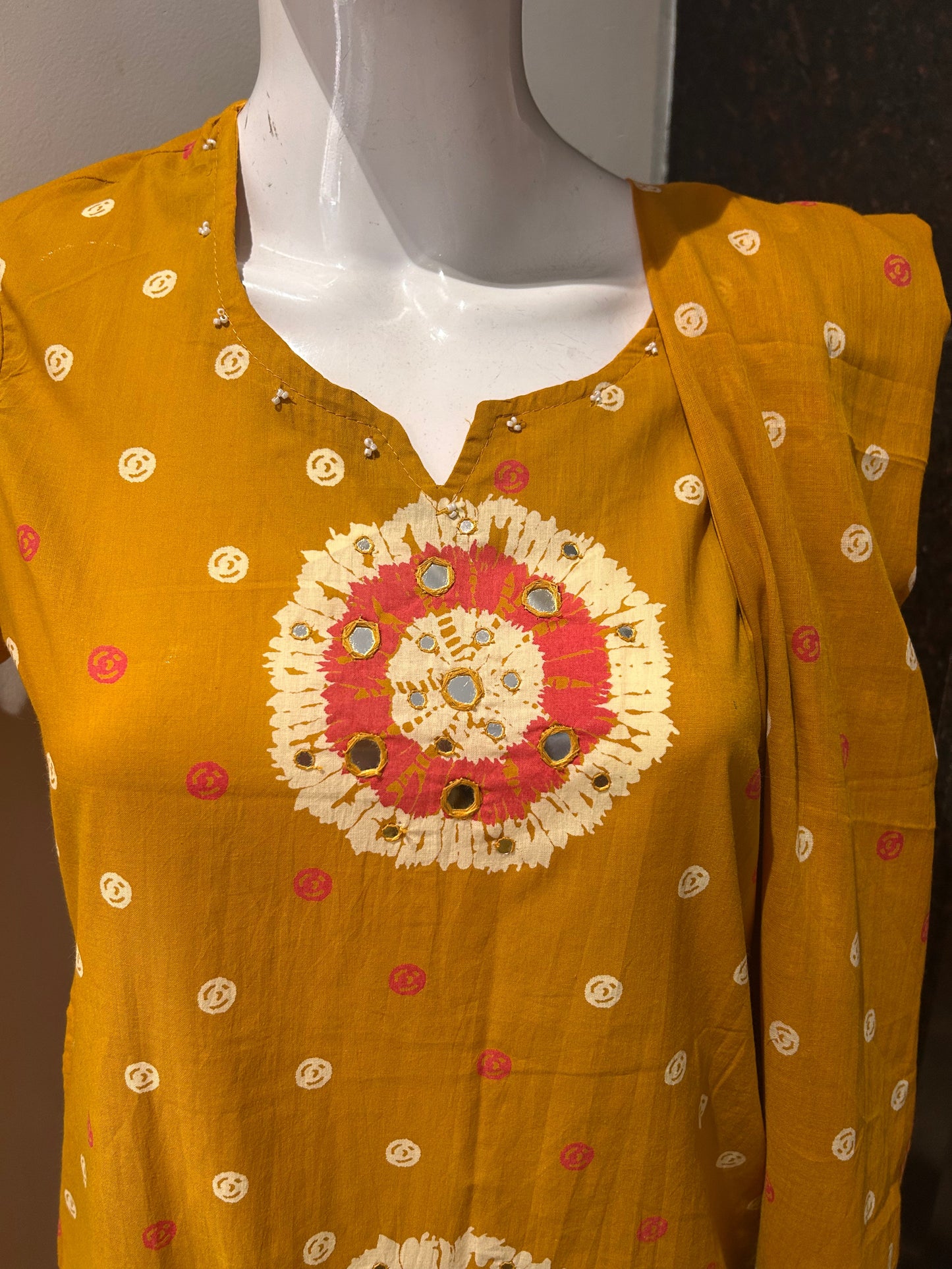 Mustard Yellow Shibori & Mirror Work 3-Piece Cotton Suit Set