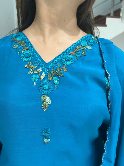 Teal Blue Floral Embroidered Suit Set