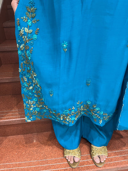 Teal Blue Floral Embroidered Suit Set