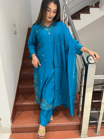 Teal Blue Floral Embroidered Suit Set