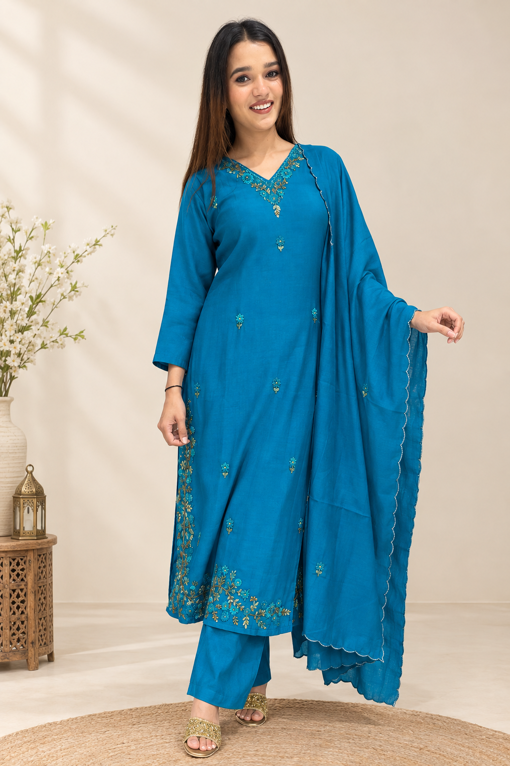 Teal Blue Floral Embroidered Suit Set