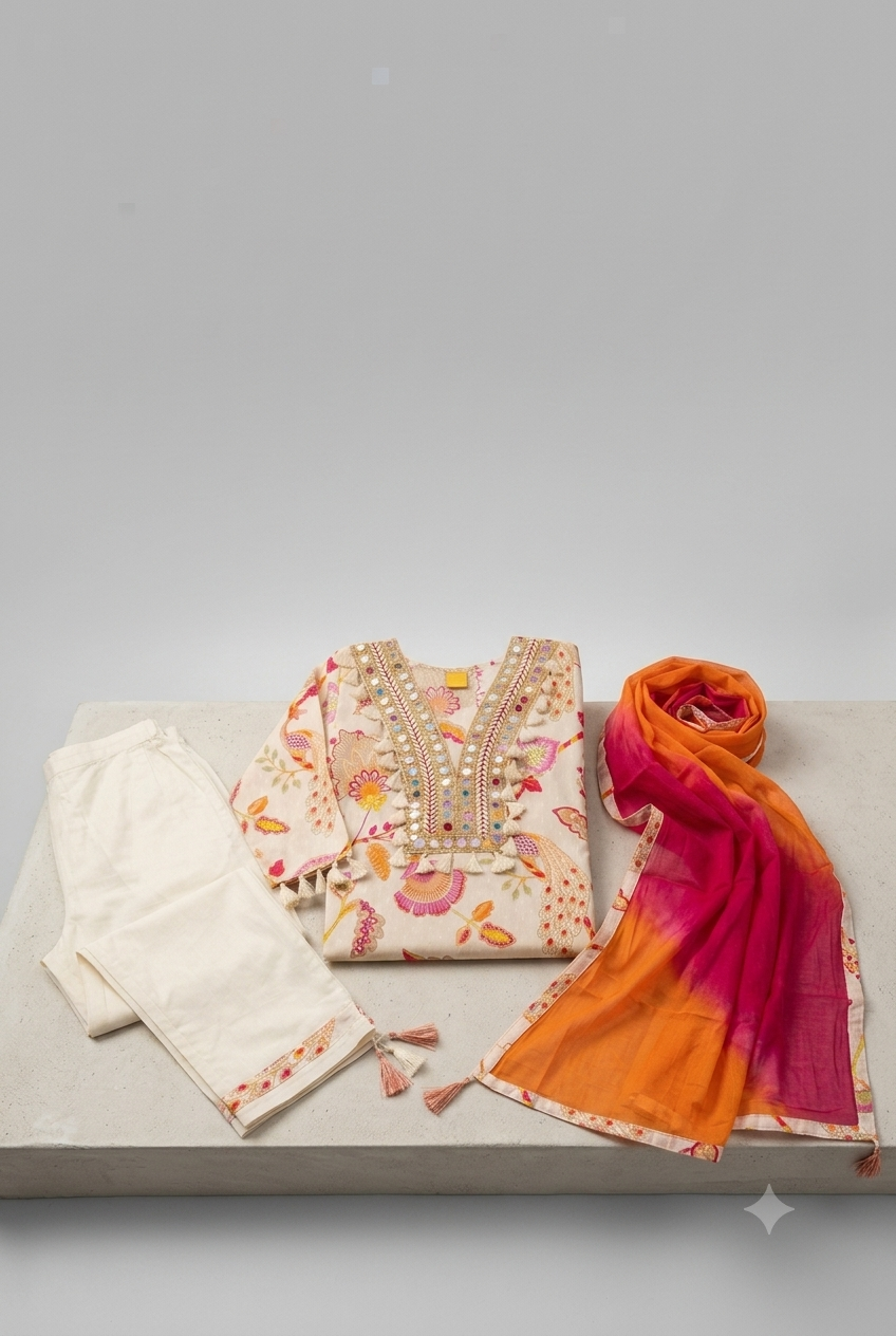 Floral Mirror Work Cotton Kurta Set with Ombre Dupatta (3-Piece)