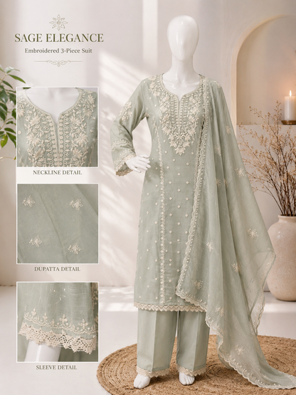 Sage Elegance – Embroidered 3-Piece Chikankari Suit