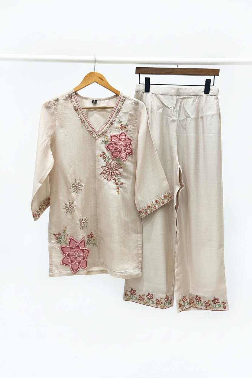 Chiku Mul Chanderi Moti Work Coord Set | Resham Embroidery & Beaded Moti | Kurta with Wide-Leg Palazzo