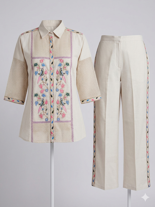 Ivory Parrot Garden Embroidered Coord Set