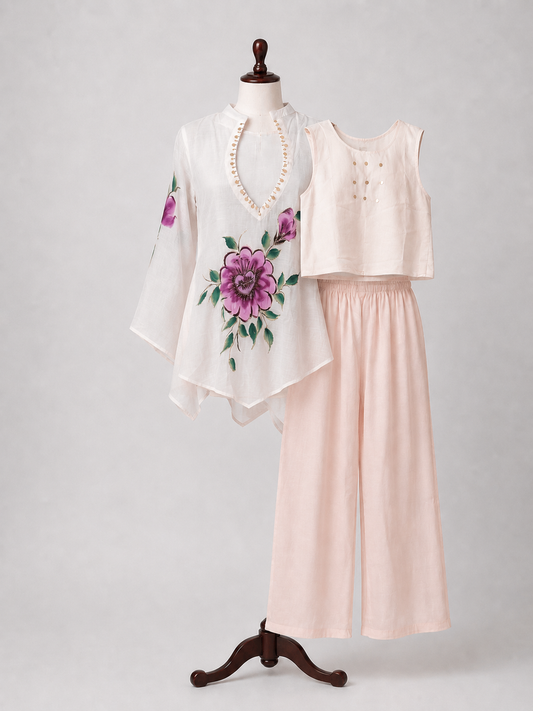 Floral Hand-Painted 3-Piece Cotton Coord Set