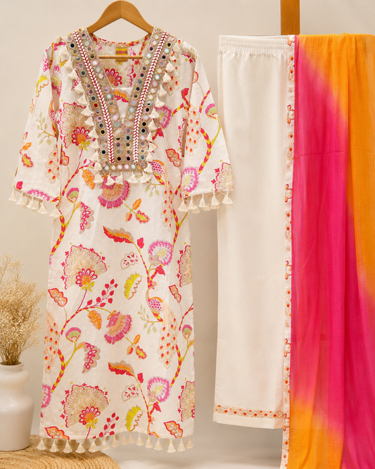 Floral Mirror Work Cotton Kurta Set with Ombre Dupatta (3-Piece)