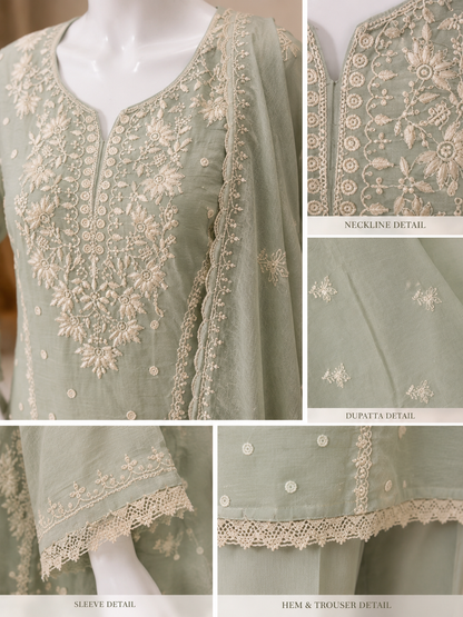 Sage Elegance – Embroidered 3-Piece Chikankari Suit