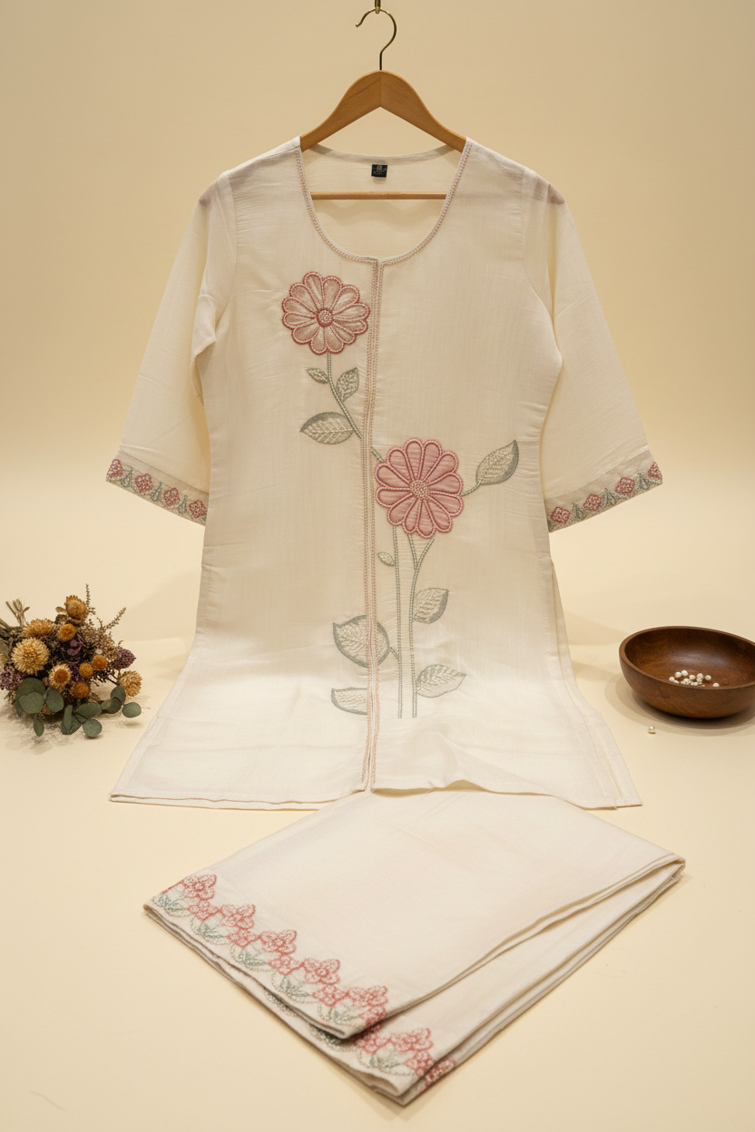 Ivory Bloom Coord Set | Mul Chanderi | Resham & Hand-Beaded Moti Floral Embroidery