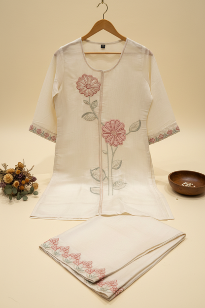 Ivory Bloom Coord Set | Mul Chanderi | Resham & Hand-Beaded Moti Floral Embroidery