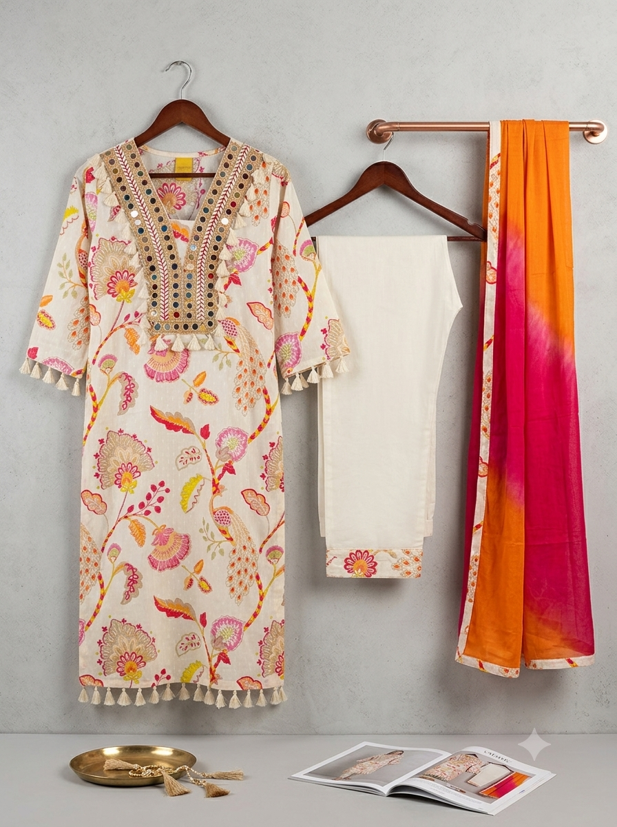 Floral Mirror Work Cotton Kurta Set with Ombre Dupatta (3-Piece)