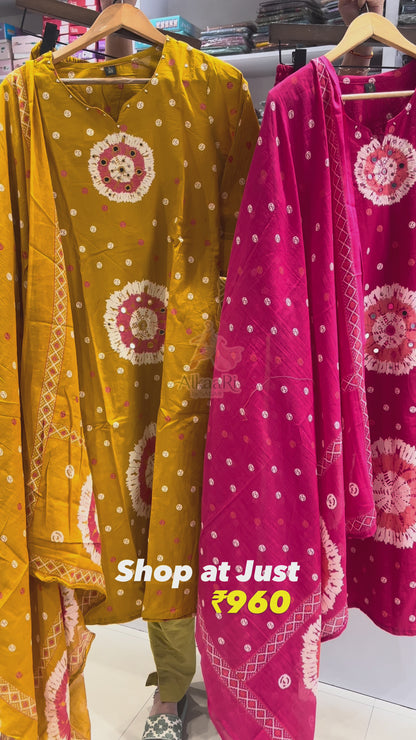 Mustard Yellow Shibori & Mirror Work 3-Piece Cotton Suit Set