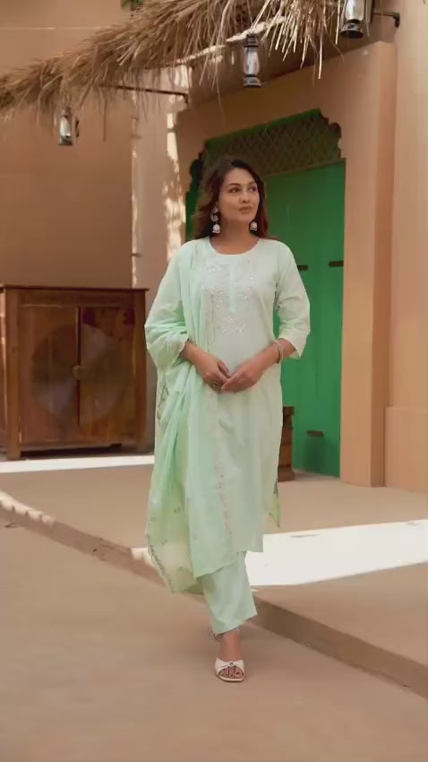 Mint Bloom Embroidered Cotton Kurta Set with Dupatta