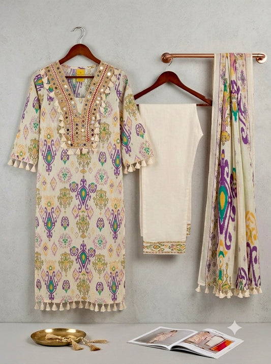 Ivory Ikat Mirror Work Kurta Set with Dupatta