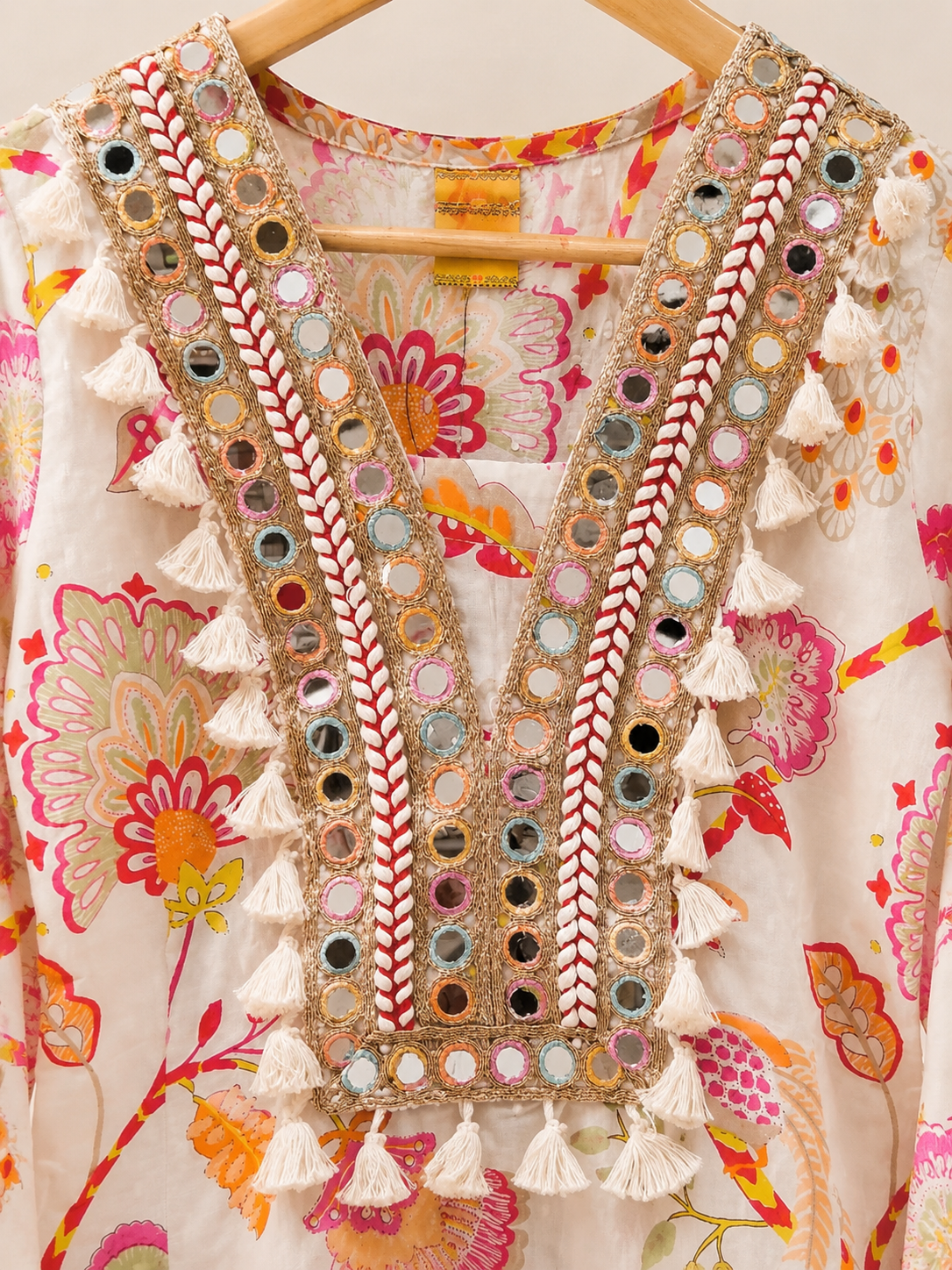 Floral Mirror Work Cotton Kurta Set with Ombre Dupatta (3-Piece)
