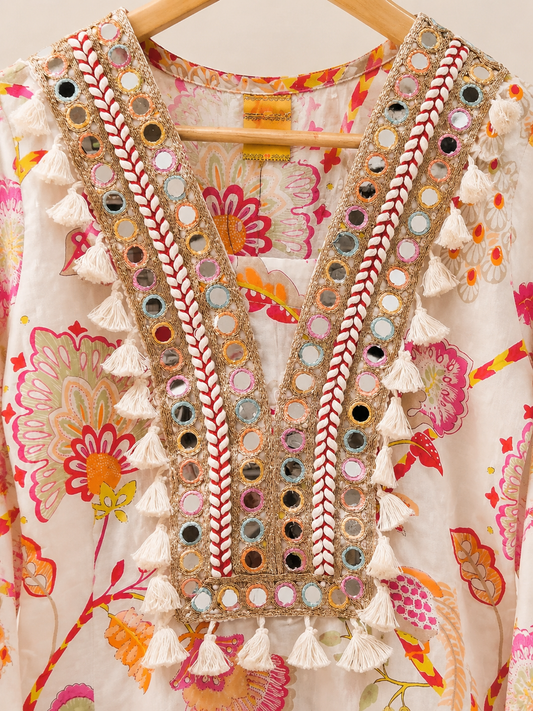 Floral Mirror Work Cotton Kurta Set with Ombre Dupatta (3-Piece)
