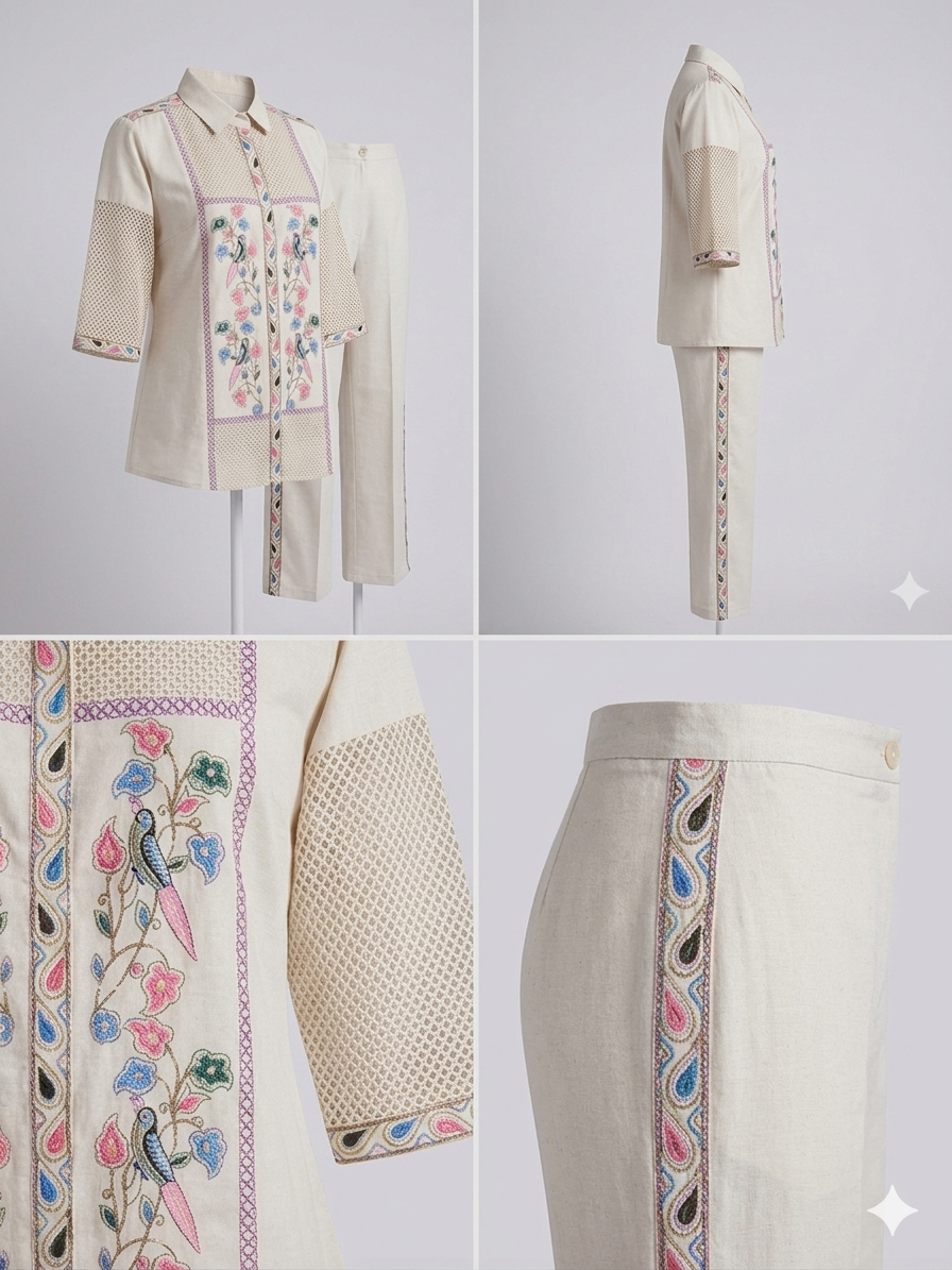 Ivory Parrot Garden Embroidered Coord Set