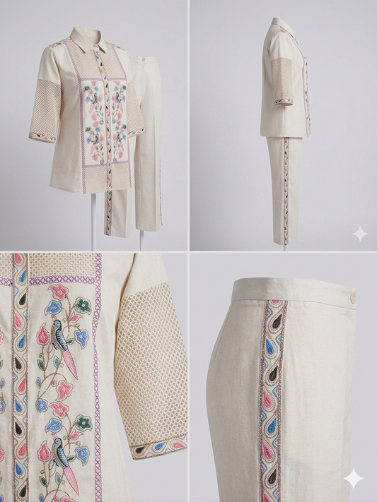 Ivory Parrot Garden Embroidered Coord Set