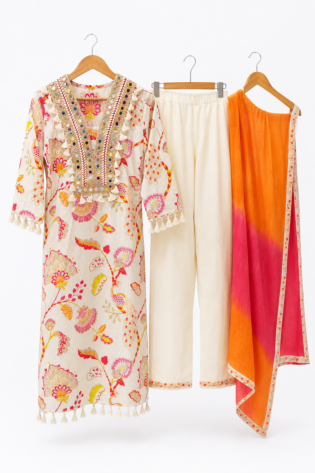 Floral Mirror Work Cotton Kurta Set with Ombre Dupatta (3-Piece)